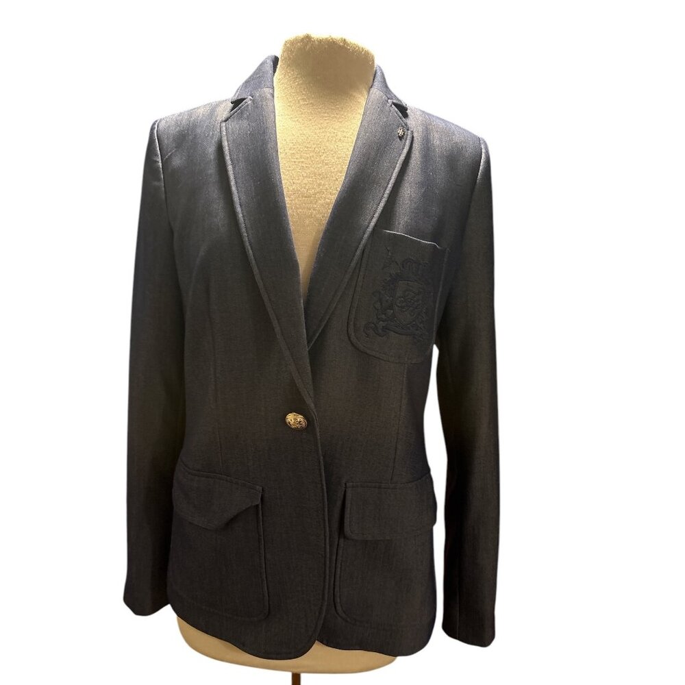 Tommy Hilfiger Womens Dark Gray Blazer With Embroidered Chest Pocket & Button Cu